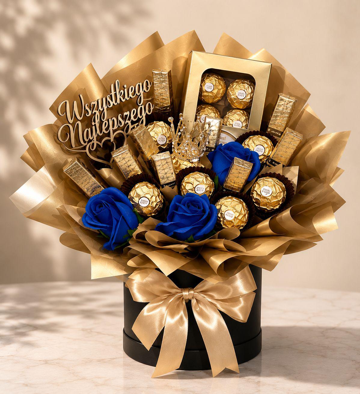 Luksusowy box prezentowy Ferrero Rocher z niebieskimi mydlanymi różami ✨💙